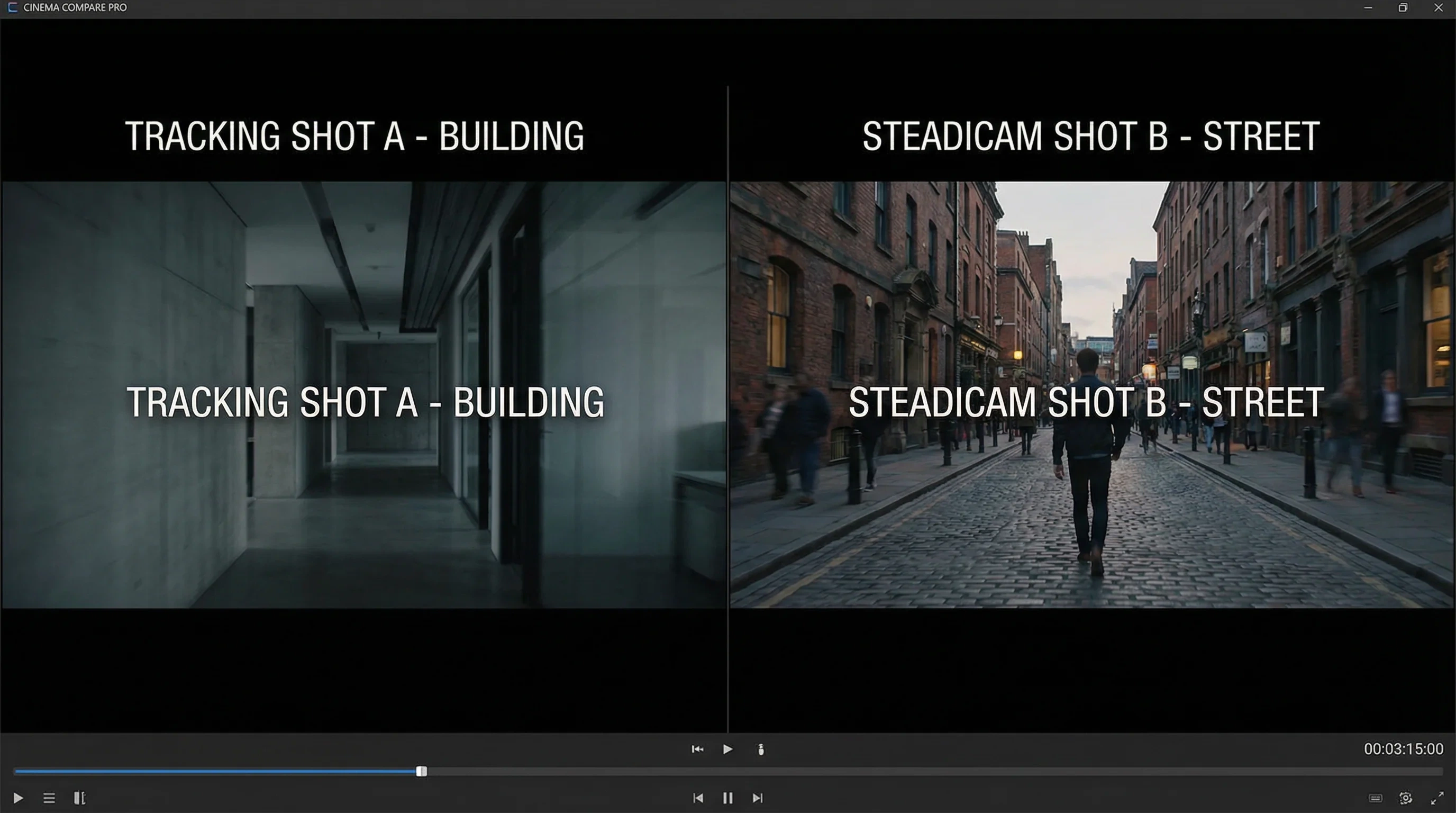 分屏对比功能演示 - 左侧跟踪镜头与右侧斯坦尼康镜头对比